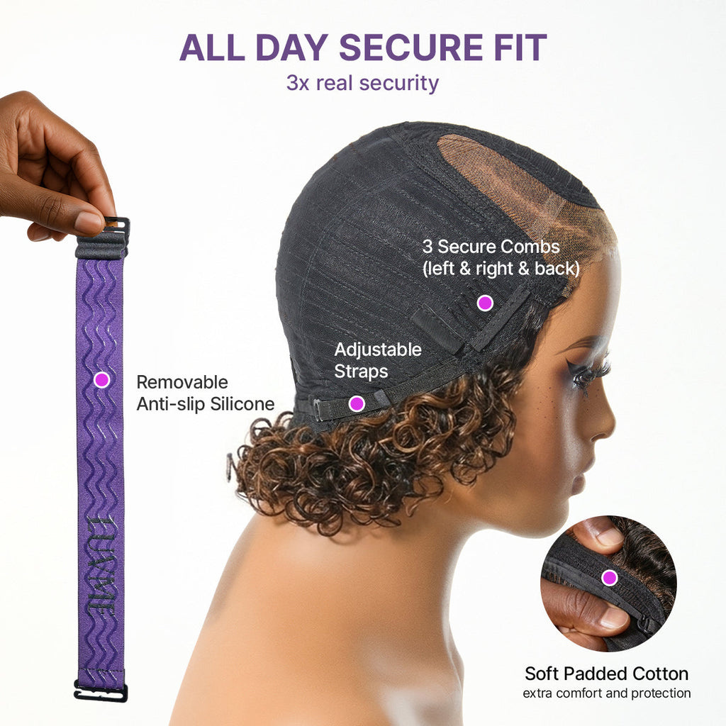 Brown Highlight Water Wave Pixie Cut Glueless Minimalist HD Lace Short Curly Wig