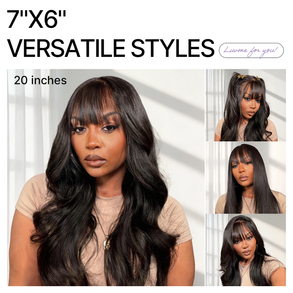 180% Density Loose Body Wave Glueless 7x6 Closure HD Lace Human Hair Wig with Bangs Pre-Cut Lace