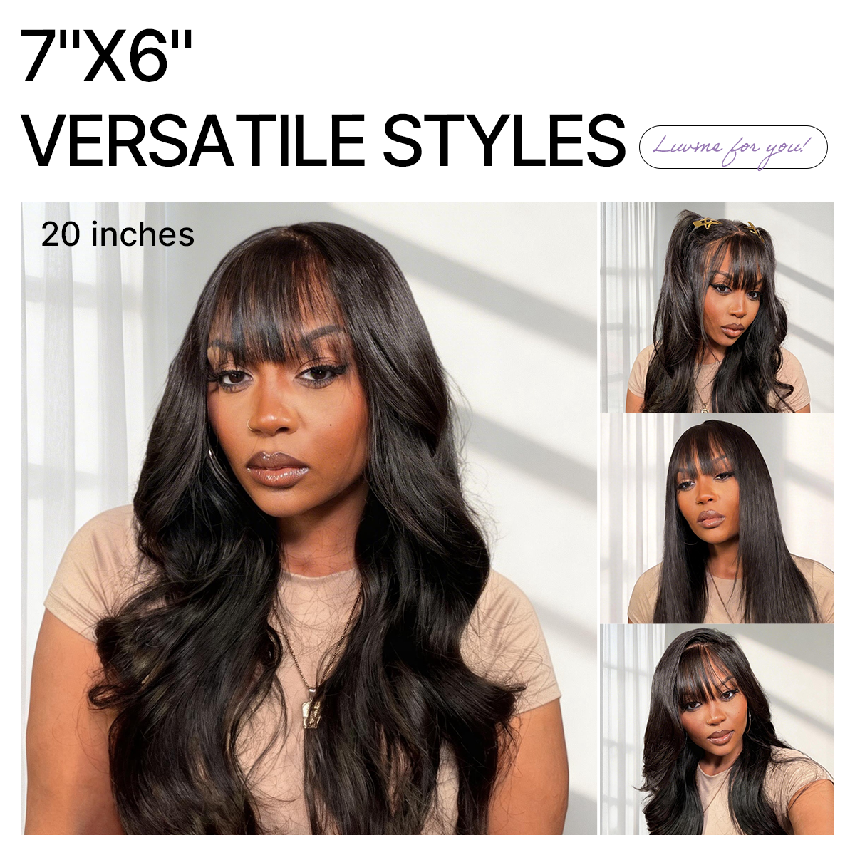 180% Density Loose Body Wave Glueless 7x6 Closure HD Lace Human Hair Wig with Bangs Pre-Cut Lace