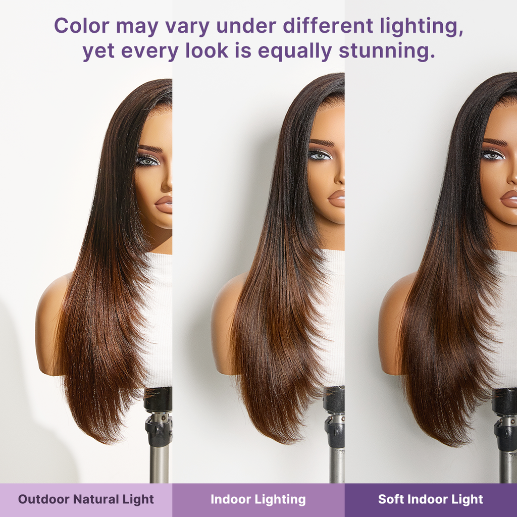 180% Density Ombre Brown Butterfly Cut Layered Light Yaki Straight Glueless 7x6 Closure HD Lace Human Hair Wig Pre-Cut Lace