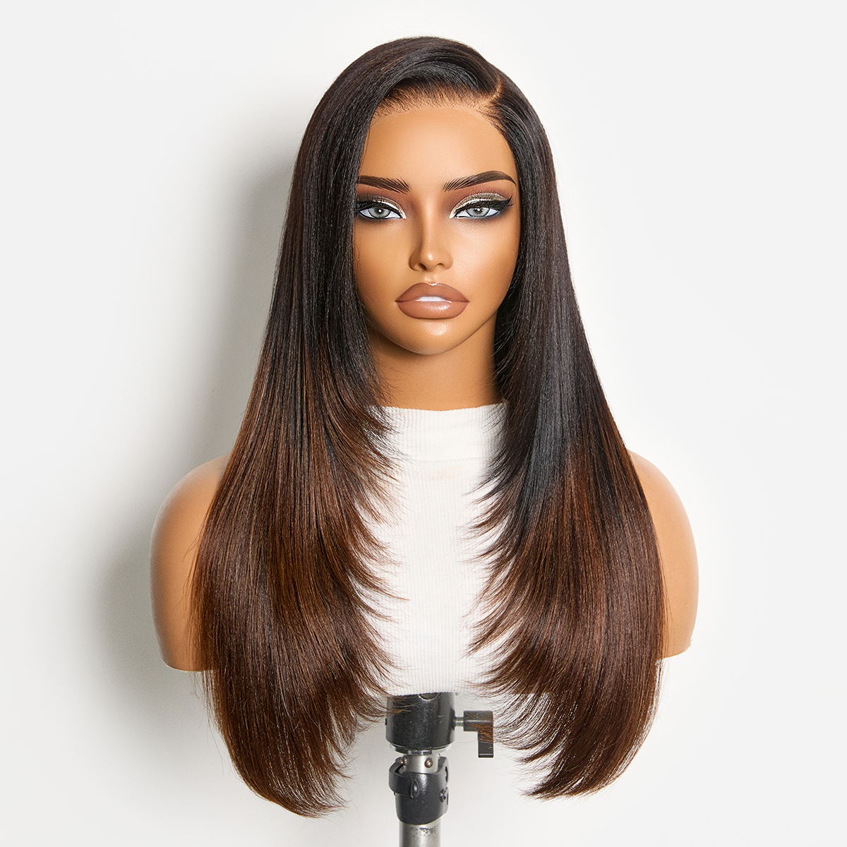 180% Density Ombre Brown Butterfly Cut Layered Light Yaki Straight Glueless 7x6 Closure HD Lace Human Hair Wig Pre-Cut Lace