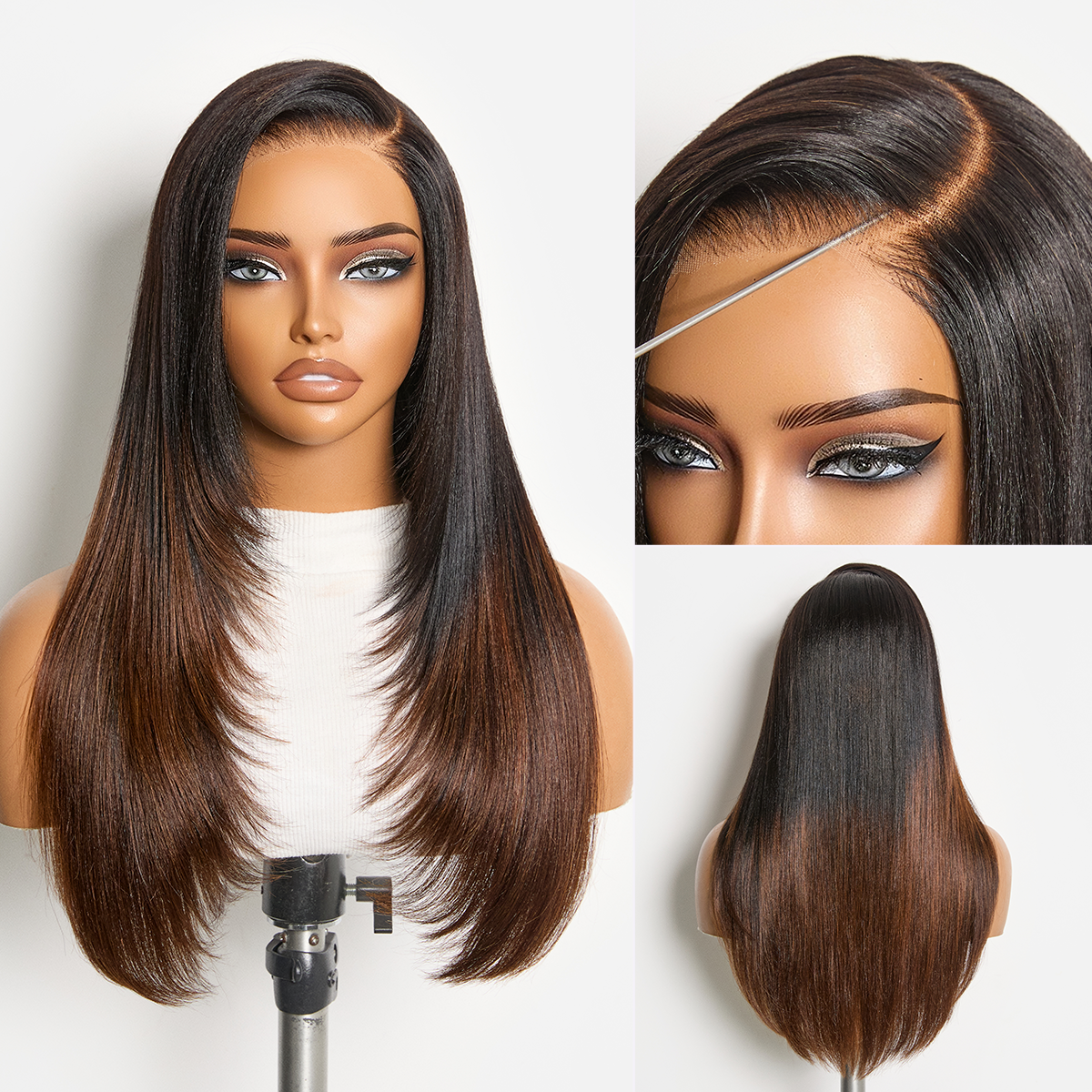 180% Density Ombre Brown Butterfly Cut Layered Light Yaki Straight Glueless 7x6 Closure HD Lace Human Hair Wig Pre-Cut Lace