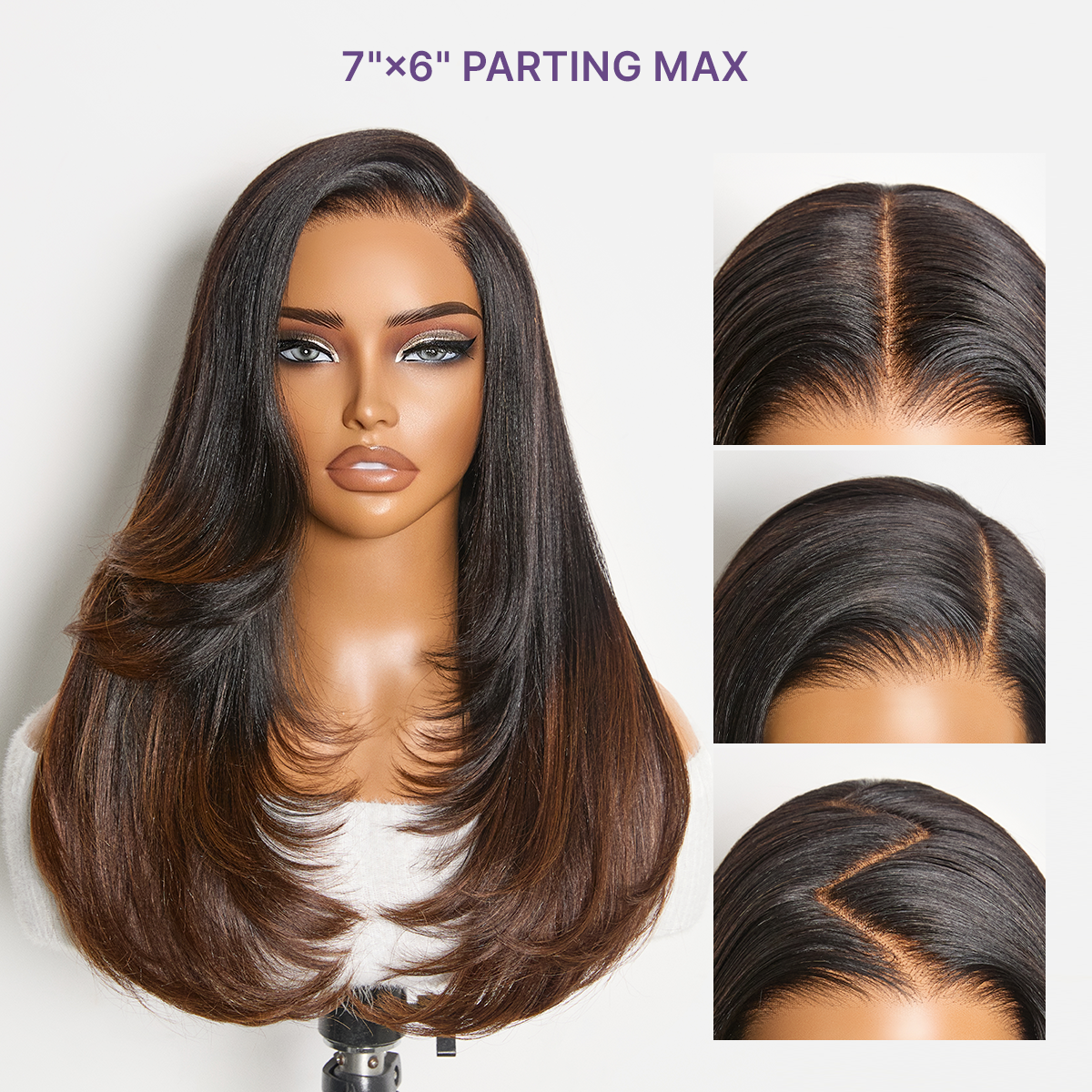 180% Density Ombre Brown Butterfly Cut Layered Light Yaki Straight Glueless 7x6 Closure HD Lace Human Hair Wig Pre-Cut Lace
