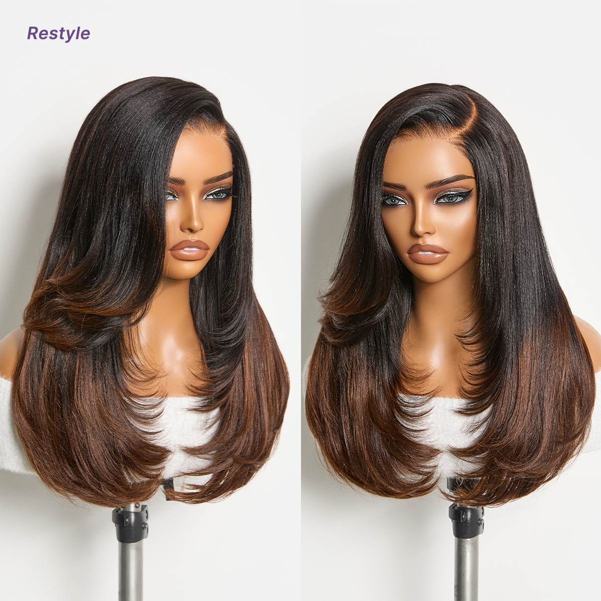 180% Density Ombre Brown Butterfly Cut Layered Light Yaki Straight Glueless 7x6 Closure HD Lace Human Hair Wig Pre-Cut Lace