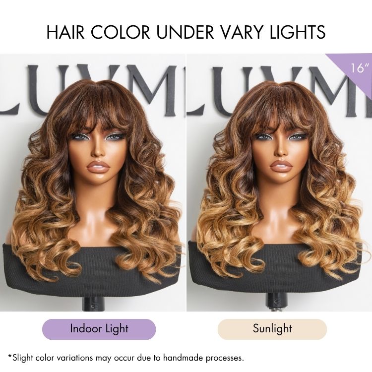 180% Density Ombre Blonde Highlight Loose Body Wave Glueless 7x6 Closure HD Lace Human Hair Wig with Bangs Pre-Cut Lace