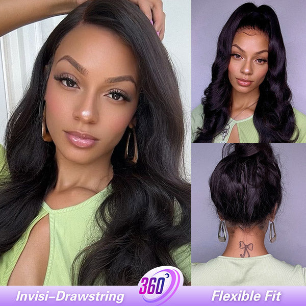 Body Wave Invisi Drawstring 360 Glueless Wig Flexible Fit Bleached Knots Wig Pre-Cut Lace