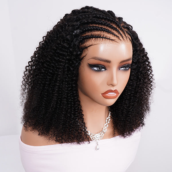 Afro Curly Pre Braided Style Pre Bleached Knots Pre-cut 9x6 Lace Wear Go Glueless Wig With Elastic Drawstring