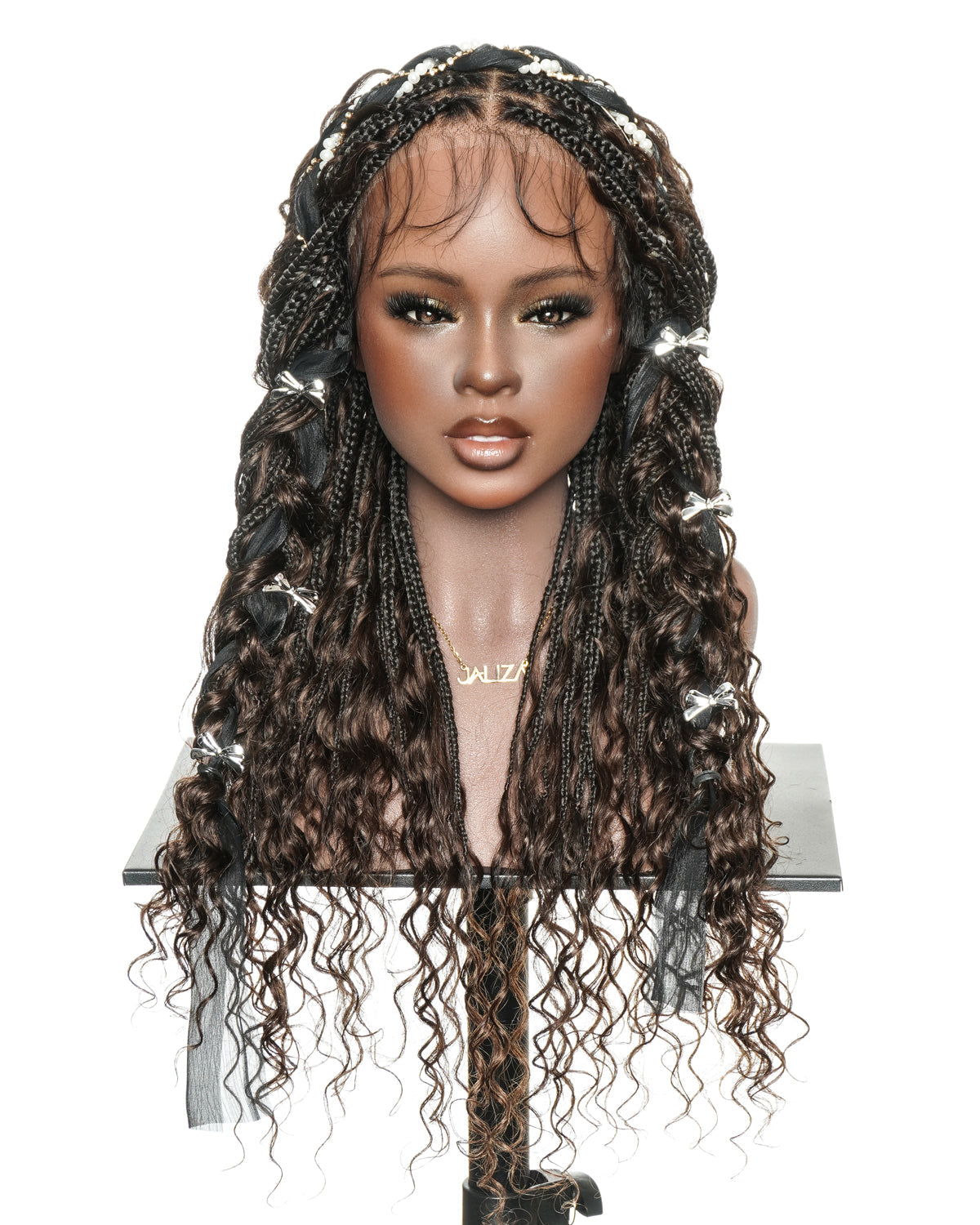 Kiki - 12"-36" Human Hair Deep Wave Curls Pre Bleached Knotless HD Full Lace Boho Box Braided Wig