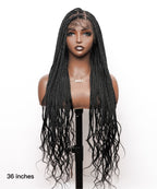 Human Hair Boho Curly Ends Knotless Box Braided Wig 32"-36" Full Lace 100% Hand-tied - Human Baby Hair (US Only)