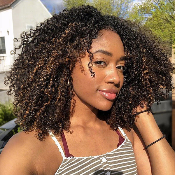 3 In 1 Half Wig | Afro Kinky Curly Glueless Ombre Brown Wig With Black Roots Natural Blend Wear Go Half Wig With Drawstring