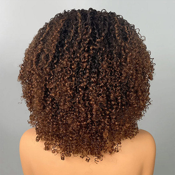 3 In 1 Half Wig | Afro Kinky Curly Glueless Ombre Brown Wig With Black Roots Natural Blend Wear Go Half Wig With Drawstring