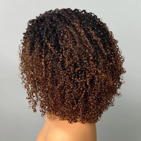 3 In 1 Half Wig | Afro Kinky Curly Glueless Ombre Brown Wig With Black Roots Natural Blend Wear Go Half Wig With Drawstring