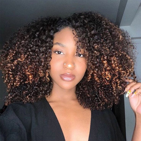 3 In 1 Half Wig | Afro Kinky Curly Glueless Ombre Brown Wig With Black Roots Natural Blend Wear Go Half Wig With Drawstring