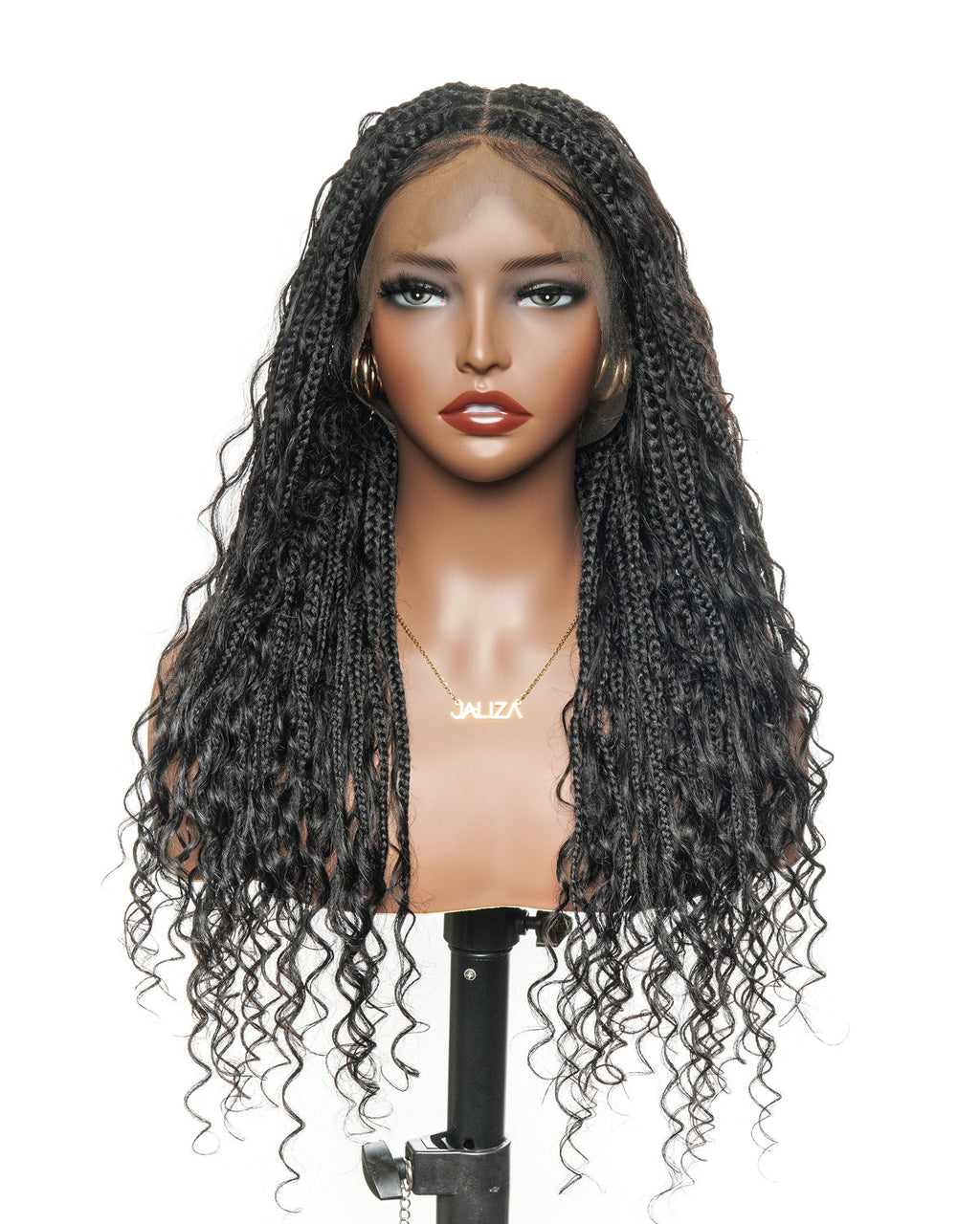 Full Transparent Lace Human Hair Boho Curls Knotless Boho Box Braided Wig 86 Strands