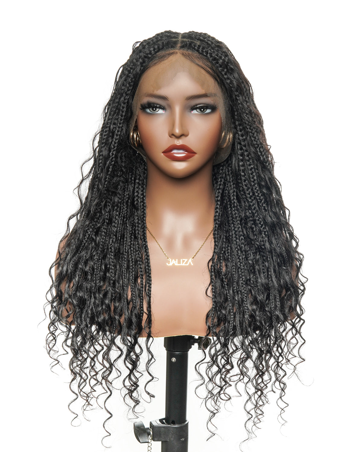 Full Transparent Lace Human Hair Boho Curls Knotless Boho Box Braided Wig 86 Strands