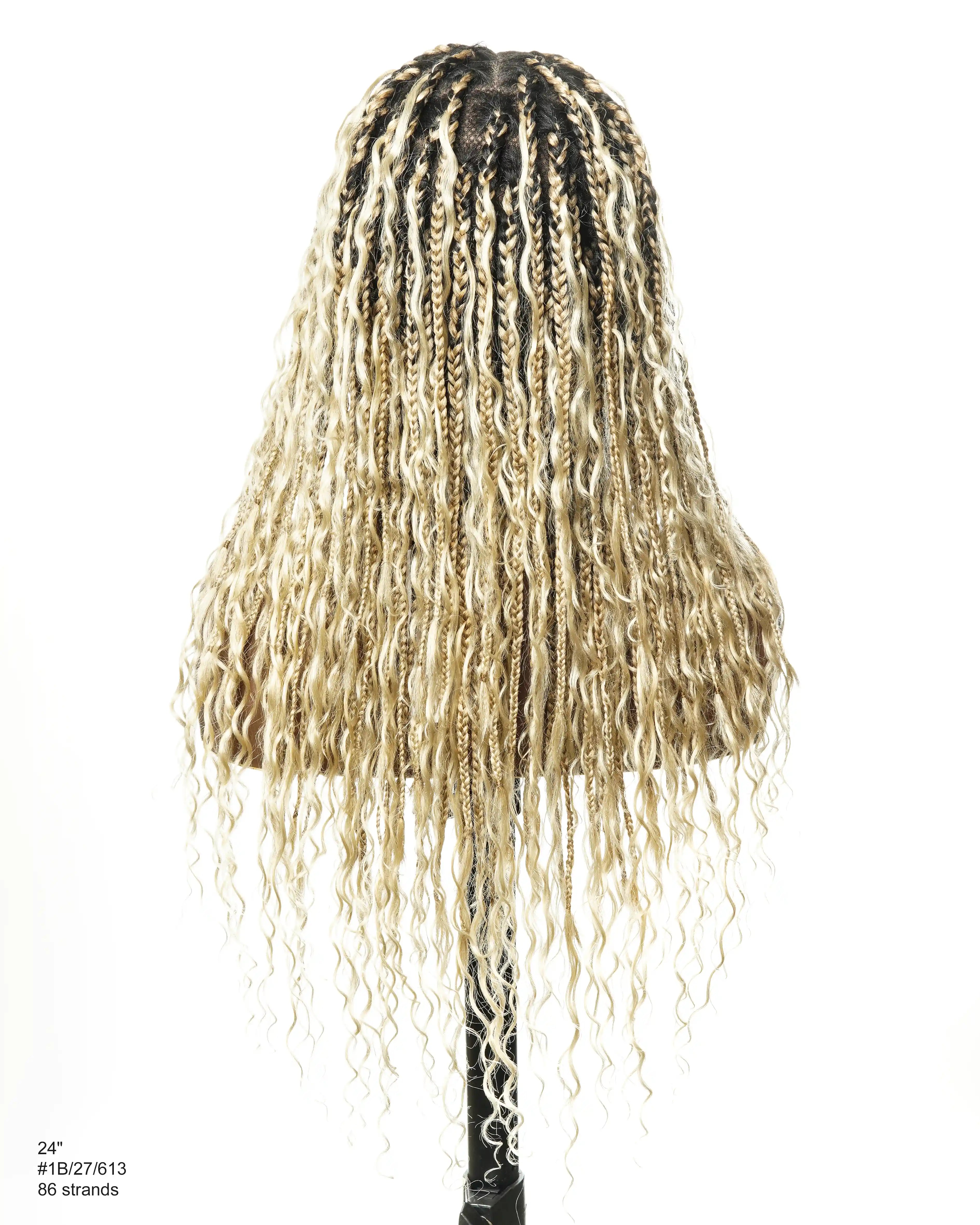 Full Transparent Lace Human Hair Boho Curls Knotless Boho Box Braided Wig 86 Strands