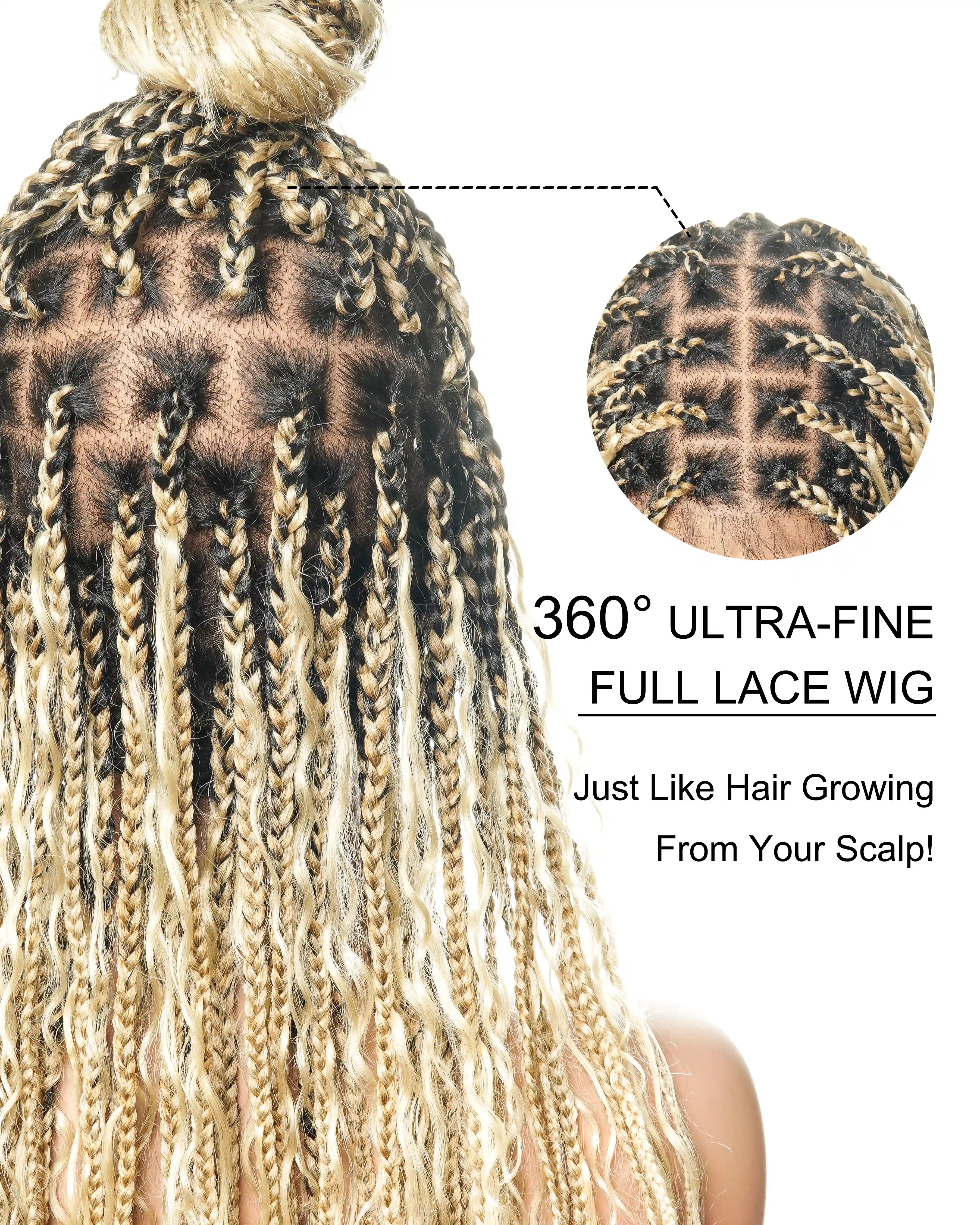 Full Transparent Lace Human Hair Boho Curls Knotless Boho Box Braided Wig 86 Strands