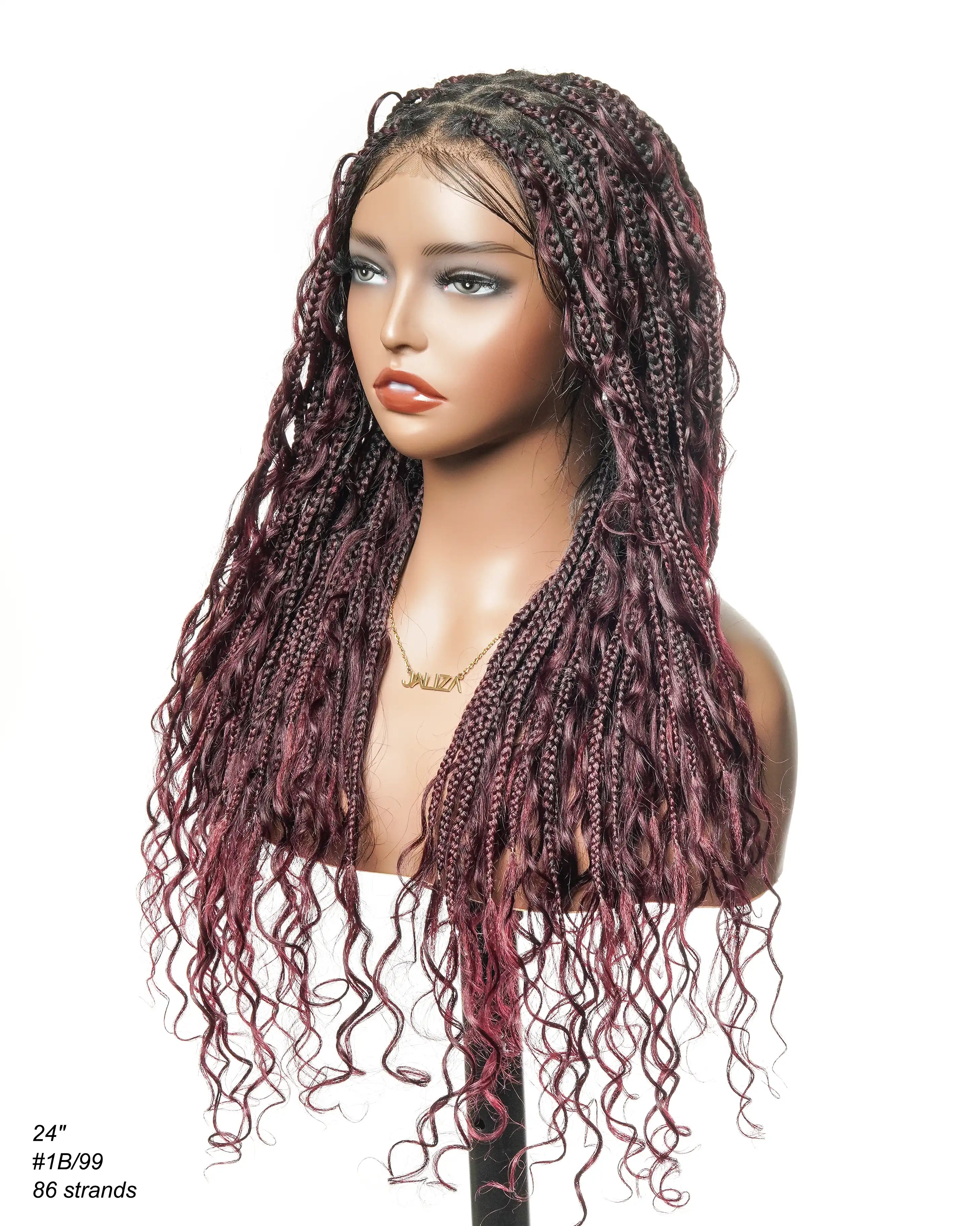 Full Transparent Lace Human Hair Boho Curls Knotless Boho Box Braided Wig 86 Strands