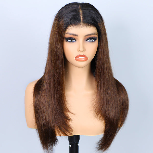 Yaki Straight Layered Cut Black to Chestnut Brown Ombre 7x5 Pre-Cut Lace Wear Go Glueless Wigs
