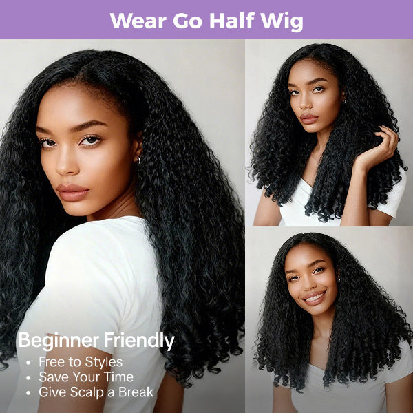 3 In 1 Half Wig | Glueless Kinky Straight Burmese Curly Elastic Drawstring Wear Go Half Wig With Yaki Spiral Curls