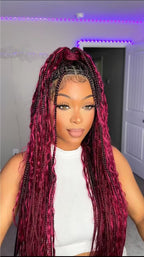 Human Hair Boho Box HD Lace Braided Wig 36 Inches 88 Strands - Light Burgundy