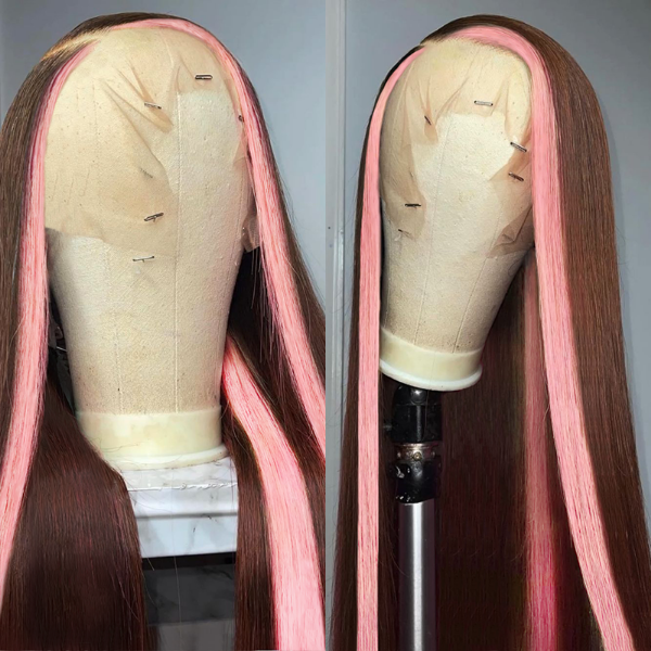 Straight Brown Hair With Light Pink Skunk Stripe Color Pre-plucked Natural Hairline 13x4 Lace Front Wig
