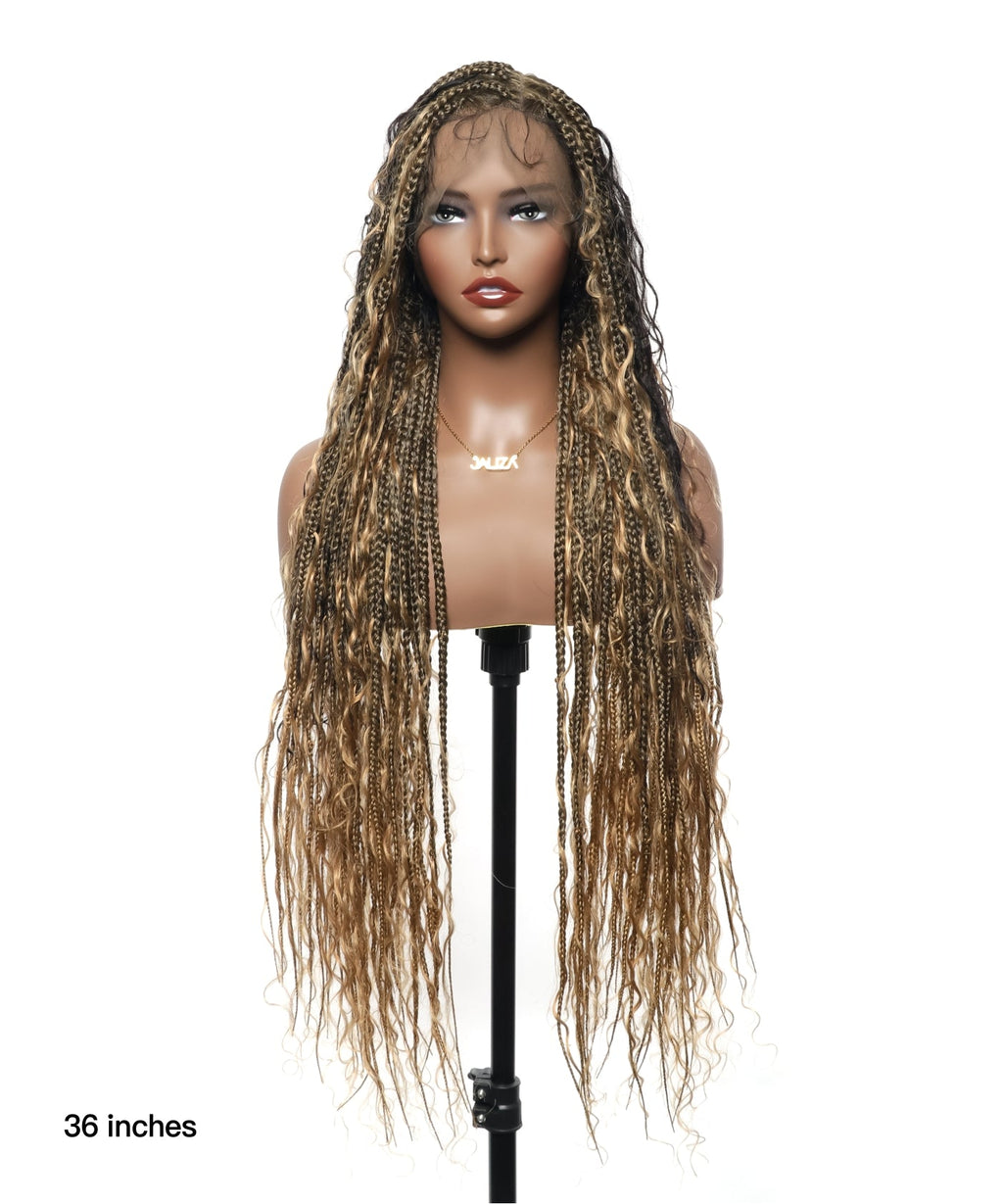 Human Hair Boho Box HD Lace Braided Wig 36 Inches 88 Strands - Light Burgundy