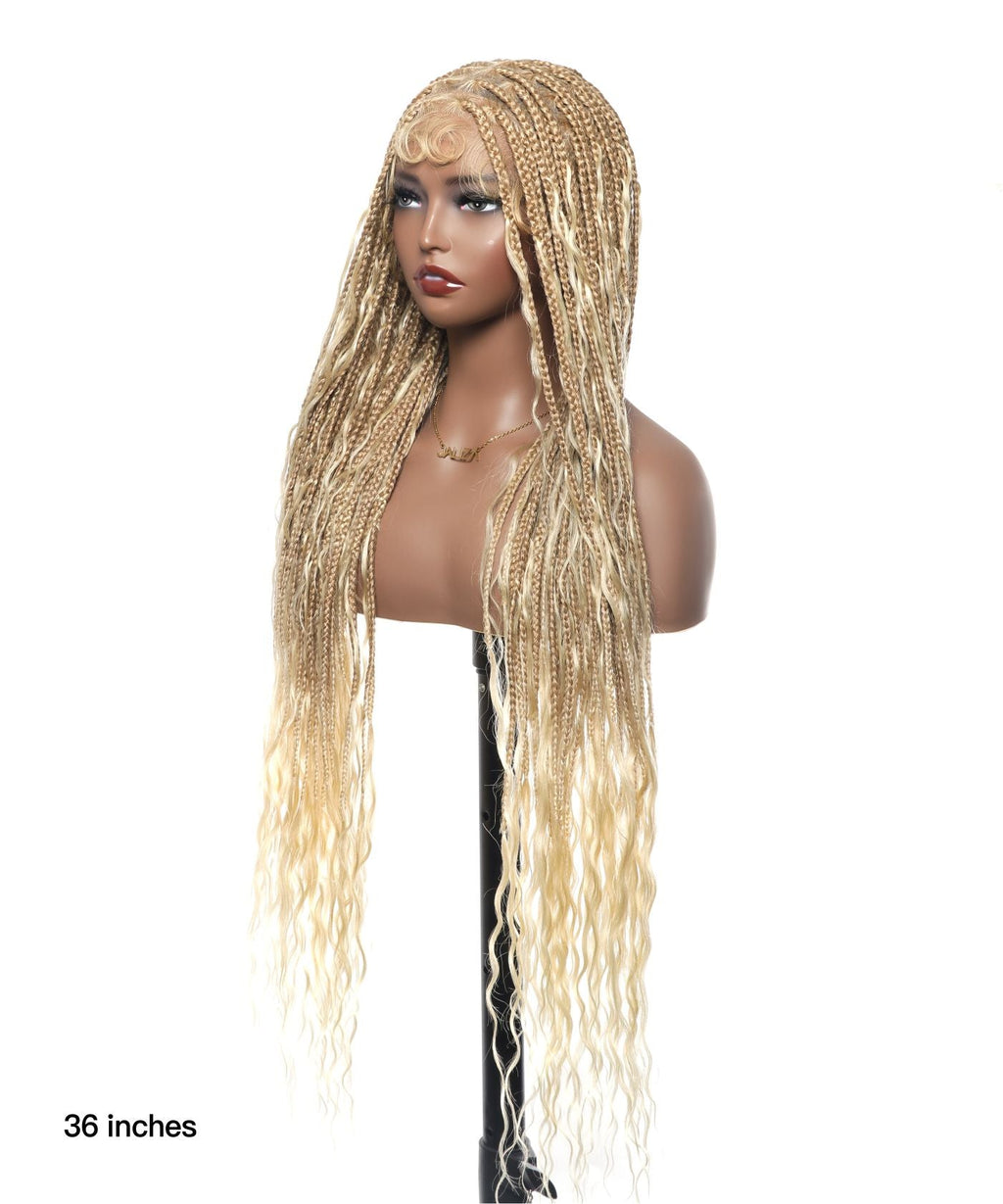 HD Full Lace Human Hair Boho Curls 36" Knotless Boho Box Braided Wig