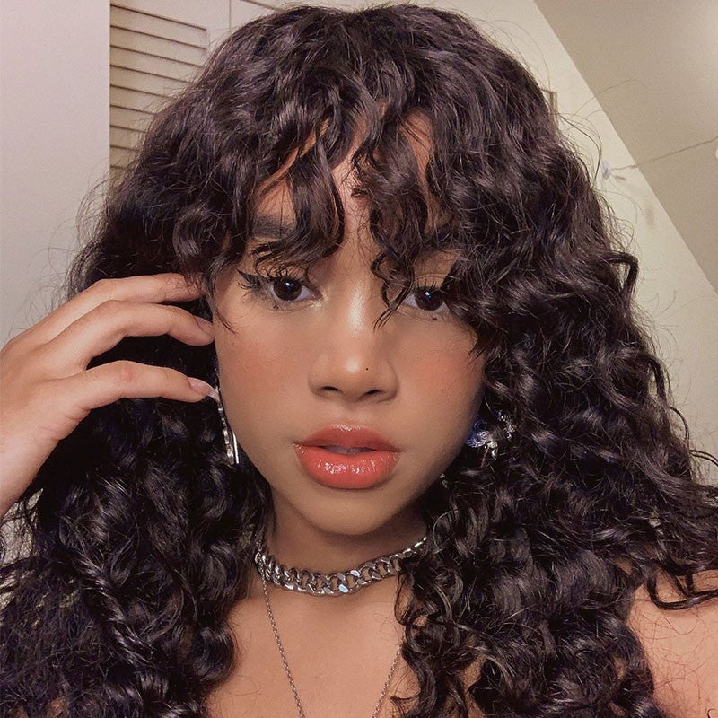 Low-Maintenance Water Wave Human Hair Wig with Bangs Heat-Friendly No Shedding