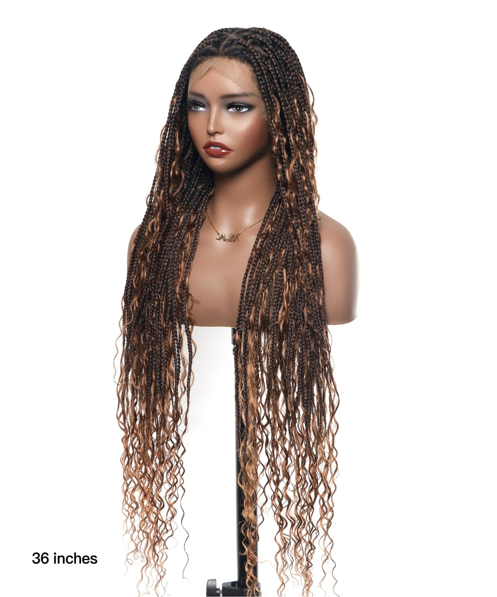 Small & Large Head Size Exclusive - Triangle Base HD Full Lace Human Hair Boho Curls Knotless Boho Box Braided Wig 36"