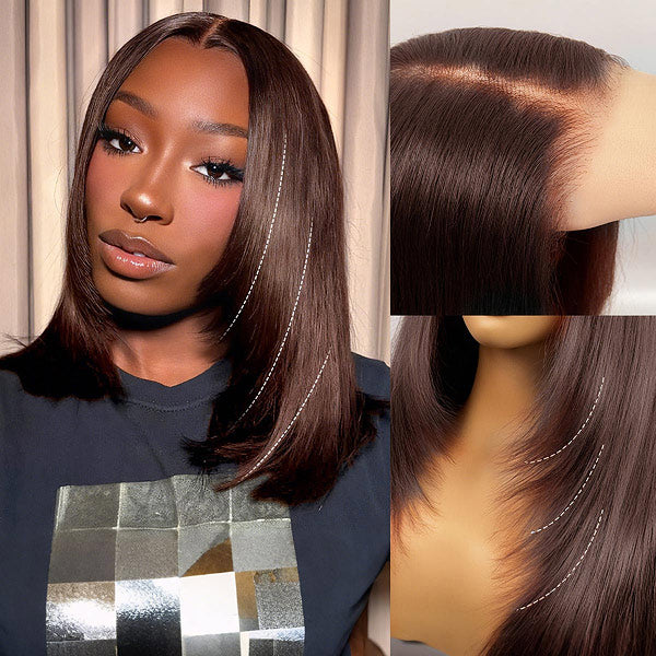 Chocolate Brown Color Glueless Layered Cut Yaki Straight Pre-Cut 7x5 Wear Go Wig With Drawstring Cap
