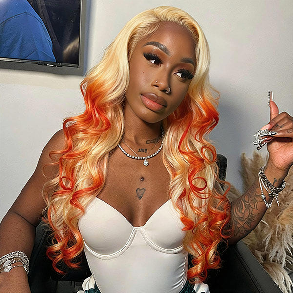 24h Ship Out | Butterfly Cut 613 Blonde & Orange Mixed Color Pre-Styled Layered Body Wave Glueless Wig Pre-cut 7x5 Lace Wear Go Wig