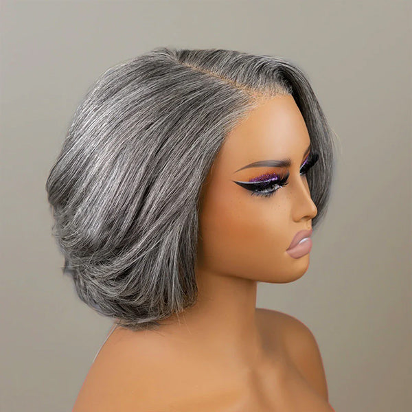 Salt And Pepper Layered Bob Wear Go Glueless Wig Pre-Cut C-Shaped 7x5 Lace Flexible Fit Drawstring
