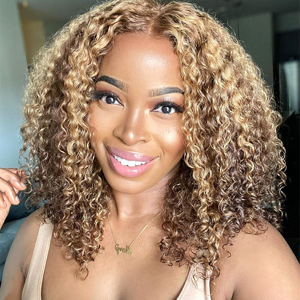 4/27 Highlight Color Wear Go Glueless Wigs Pre Cut 7x5 Lace Kinky Curly Hair Short Bob Wigs