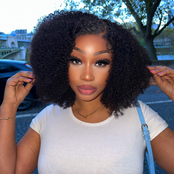 Afro Jerry Curly 5x5 Closure Lace Glueless Side Part Shoulder Length Wig 100% Human Hair