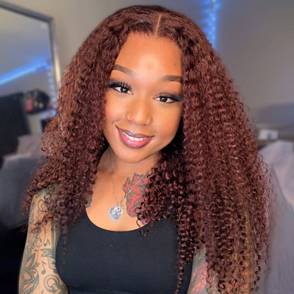 24h Shipping | OQ HAIR Kinky Curly Reddish Brown Wear Go Glueless Wig Pre-cut 7x5 Lace Wig Pre-plucked Hairline