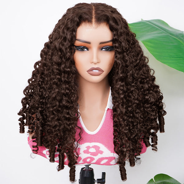 Burmese Curly Glueless Wig Chocolate Brown Color Pre Cut 9x6 Lace Wear Go Wig With Elastic Drawstring