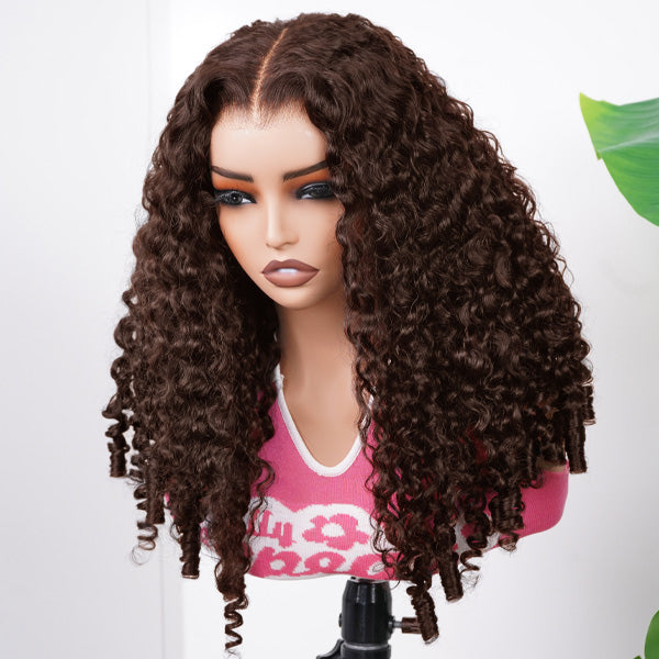 Burmese Curly Glueless Wig Chocolate Brown Color Pre Cut 9x6 Lace Wear Go Wig With Elastic Drawstring