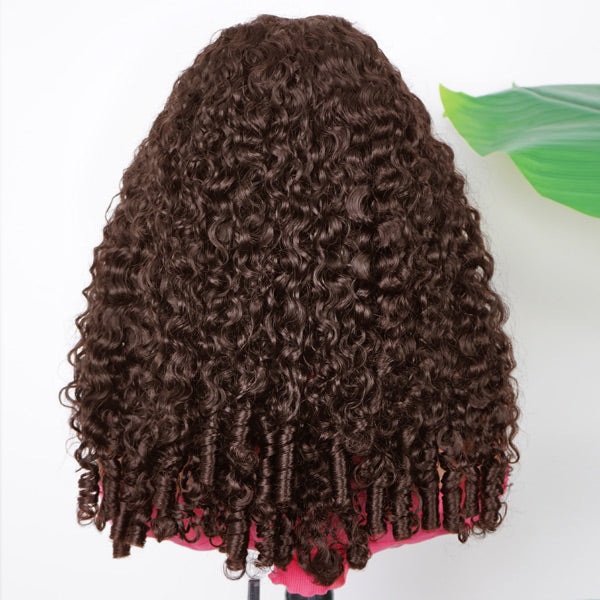 Burmese Curly Glueless Wig Chocolate Brown Color Pre Cut 9x6 Lace Wear Go Wig With Elastic Drawstring