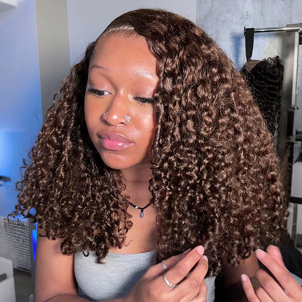 Burmese Curly Glueless Wig Chocolate Brown Color Pre Cut 9x6 Lace Wear Go Wig With Elastic Drawstring
