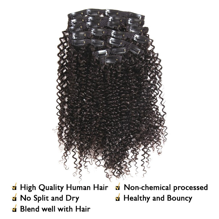 Kinky Curly Clip In Extension Human Hair Natural Black Color