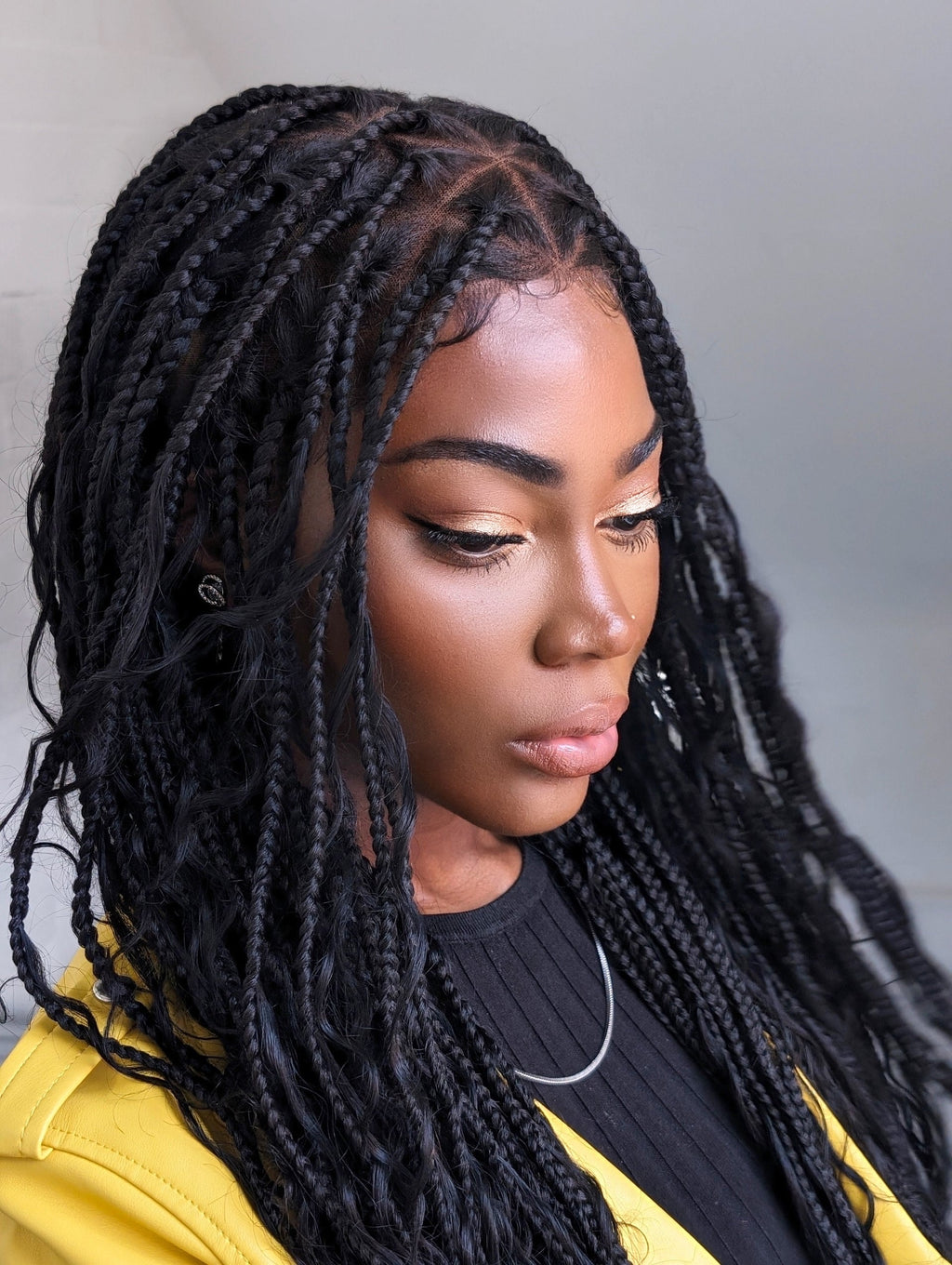 Small & Large Head Size Exclusive - Triangle Base HD Full Lace Human Hair Boho Curls Knotless Boho Box Braided Wig 36"