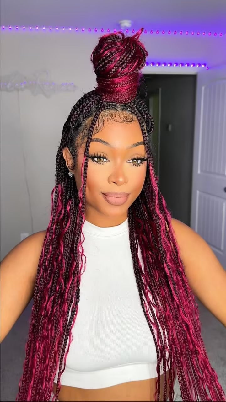 Human Hair Boho Box HD Lace Braided Wig 36 Inches 88 Strands - Light Burgundy