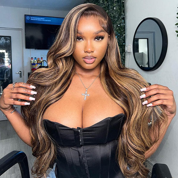 M-cap Body Wave 4/27 Highlight Color Pre Cut 9x6 Lace Wear Go Glueless Wigs Invisible Knots With Pre-Plucked Hairline