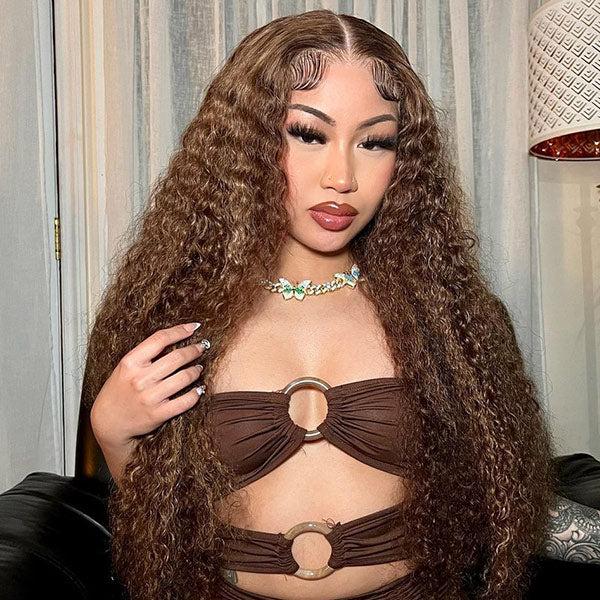 M-cap Kinky Curly 4/27 Highlight Pre Cut 9x6 Lace Wear Go Glueless Wigs Invisible Knots Human Hair Wig