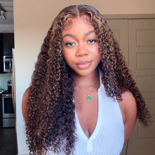 M-cap Kinky Curly 4/27 Highlight Pre Cut 9x6 Lace Wear Go Glueless Wigs Invisible Knots Human Hair Wig