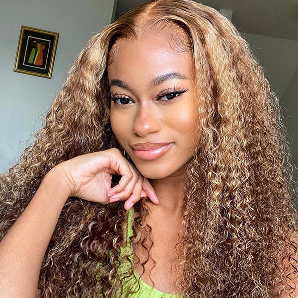 M-cap Kinky Curly 4/27 Highlight Pre Cut 9x6 Lace Wear Go Glueless Wigs Invisible Knots Human Hair Wig