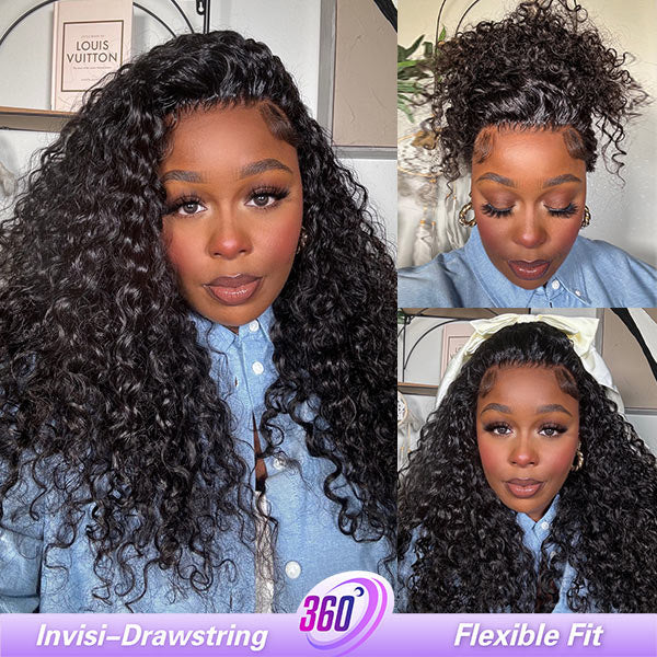 Water Wave Invisi-Drawstring Flexible Fit 360 Lace Frontal Glueless Wig With Bleached Knots