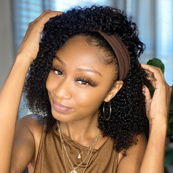 Afro Curly Headband Wig No Gel No Glue Human Hair Glueless Wig With Scarf
