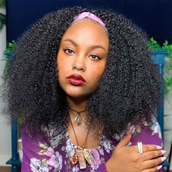 Afro Curly Headband Wig No Gel No Glue Human Hair Glueless Wig With Scarf